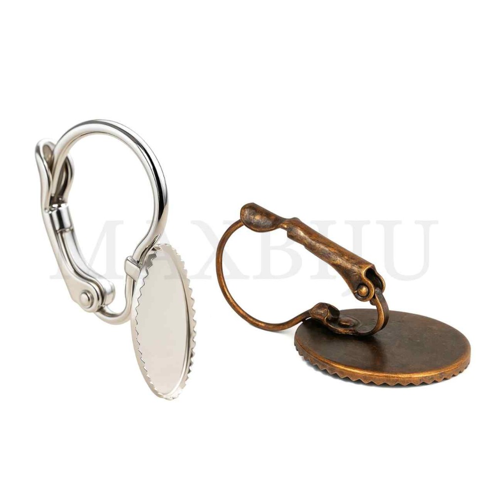 Metal Earring Base for Cabochon with Embossed Edge 16x26mm
