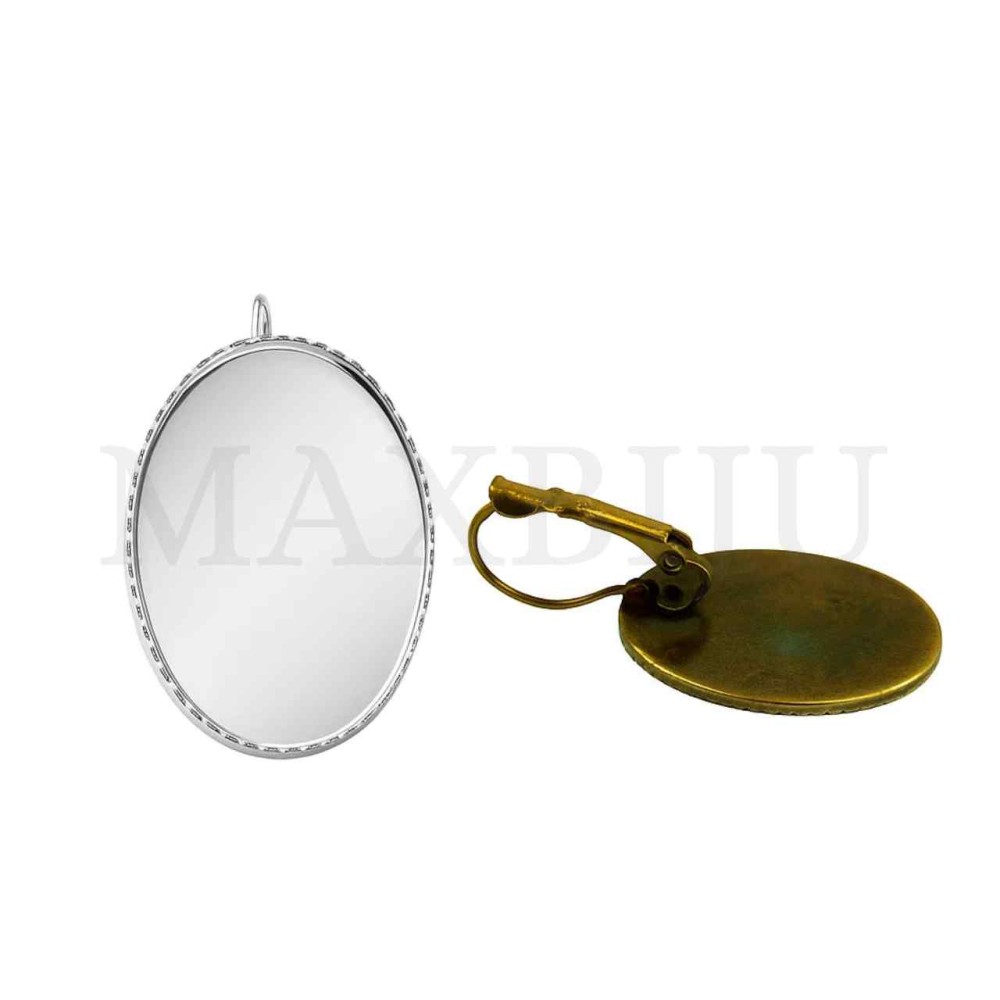 Metal Earring Ovsal Base for Cabochon with Embossed Edge 20x30mm