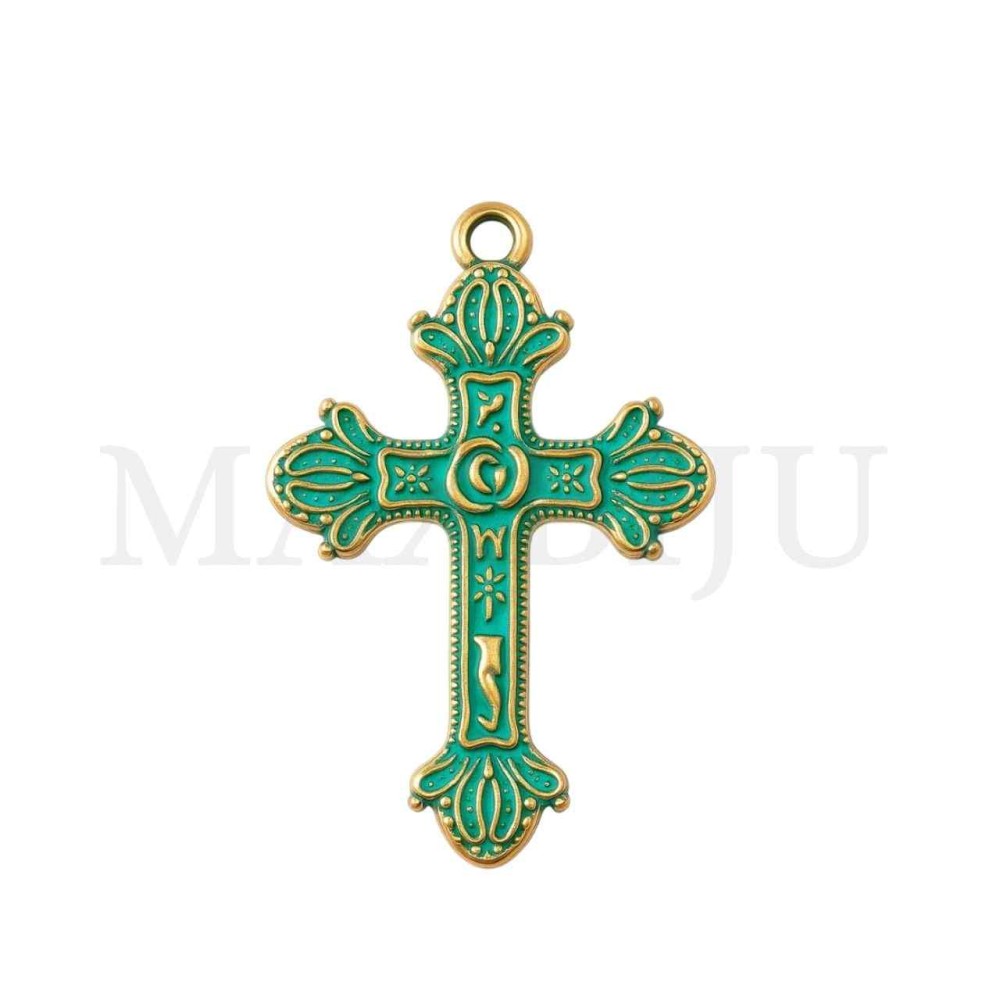 Turquoise / Old Gold Metal Pendant - Cross 29x38mm