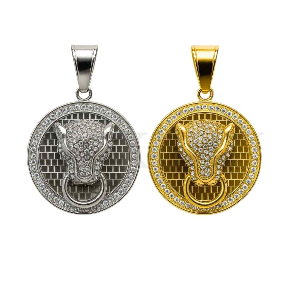 Stainless Steel Tiger with Stones Pendant 45mm