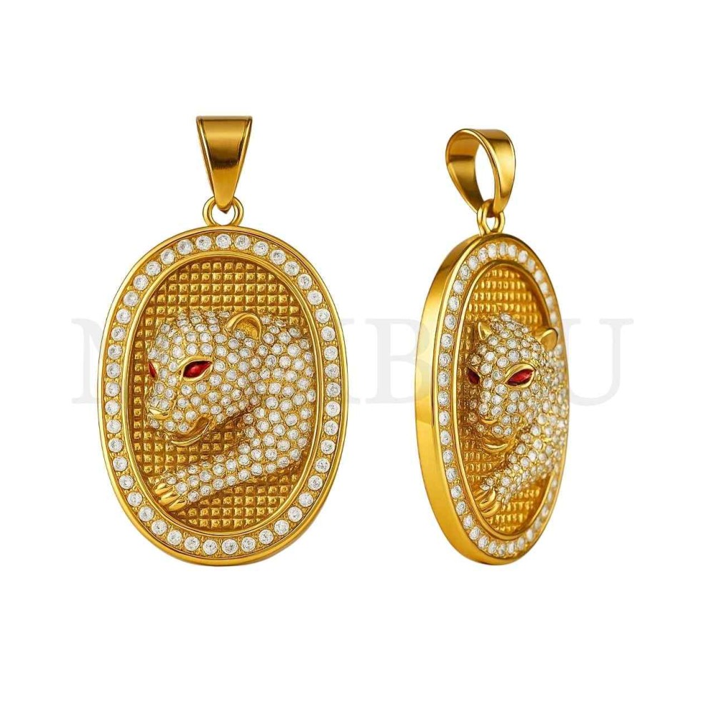 Stainless Steel Tiger with Stones Pendant 36x50mm