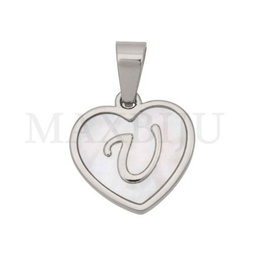 Steel Pendant Heart with Mother of Pearl Letter 