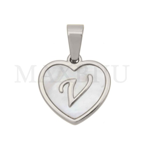 Steel Pendant Heart with Mother of Pearl Letter 