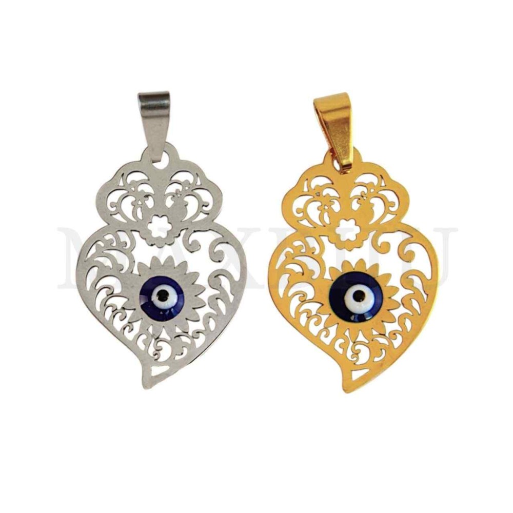 Stainless Steel Viana Heart With Greek Eye Pendant 18x25mm