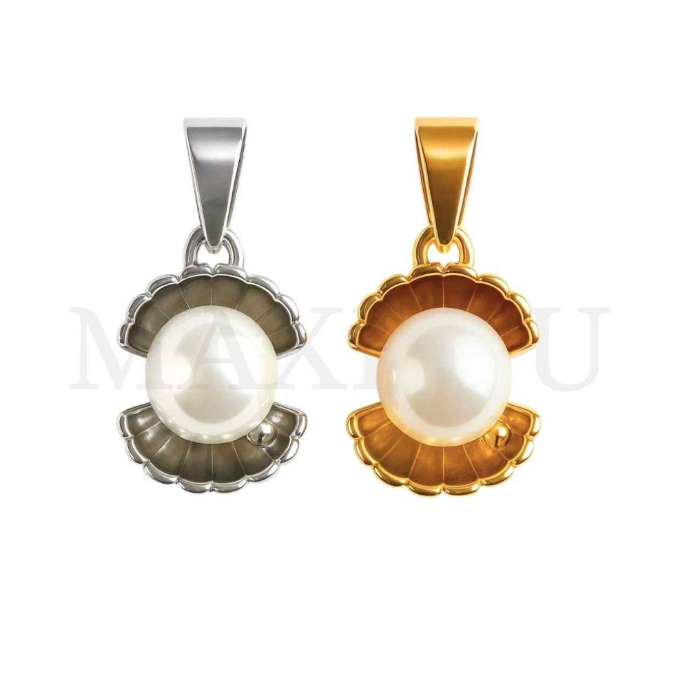 Stainless Steel Pendant - Shell with Pearl and Resin 14x18mm