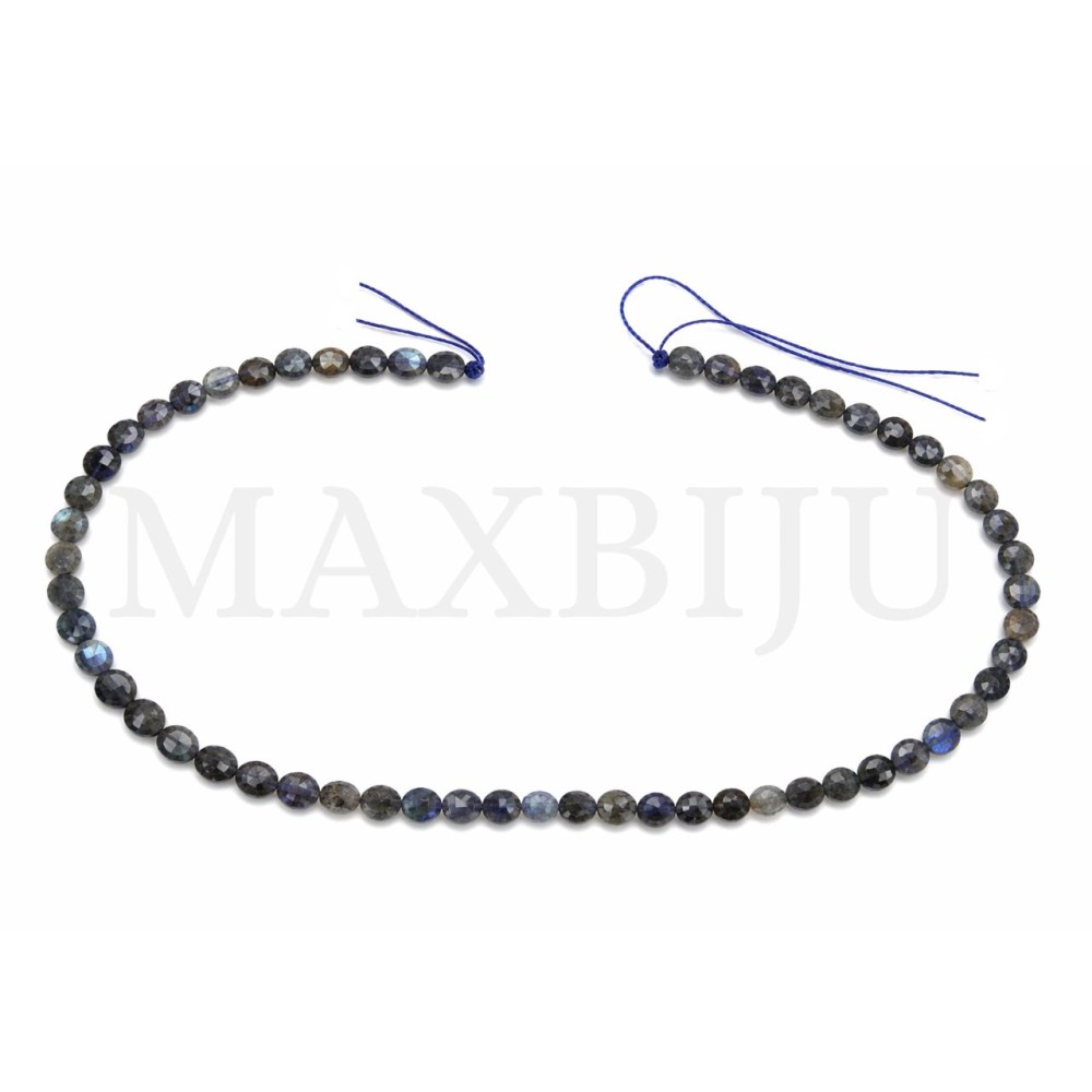 Strings of 6mm faceted flat Labradorite beads.