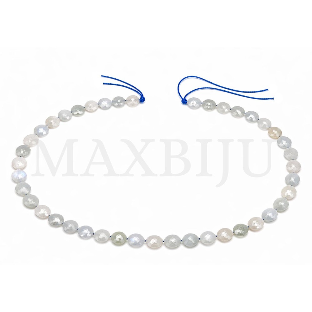 Strings of 6mm faceted flat moonstone beads.