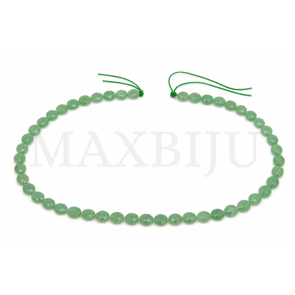 Strings of 6mm faceted flat green aventurine beads.