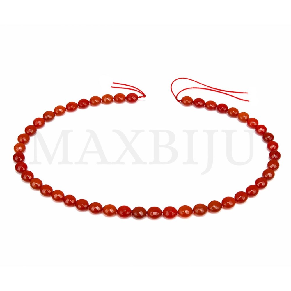 Strings of 6mm faceted flat carnelian beads.