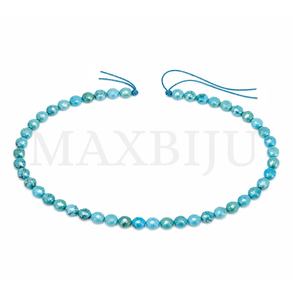 Strings of 6mm faceted flat turquoise beads.