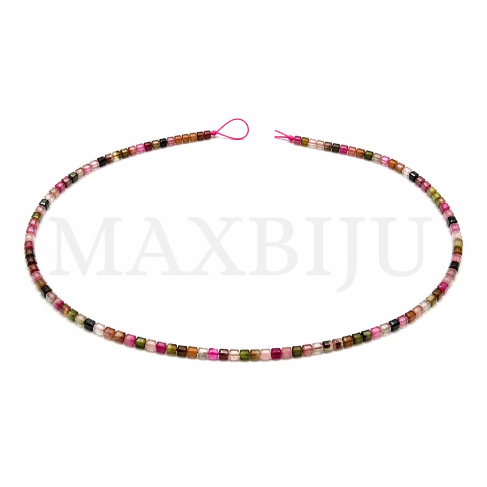 Strings of 2.5mm faceted multicoloured tourmaline cubes.