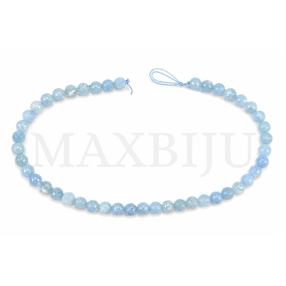 Strings of 8mm faceted aquamarine.