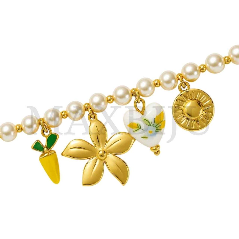 Stainless Steel "Pearl Bracelet With Flower Pendant"
(20cm)