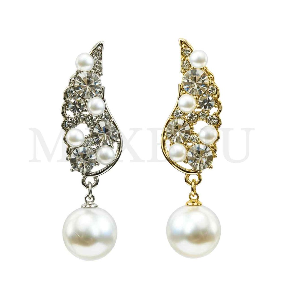 Metal Earrings - Drop Style with Pearls and Zirconia