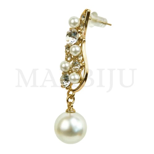 Metal Earrings - Drop Style with Pearls and Zirconia