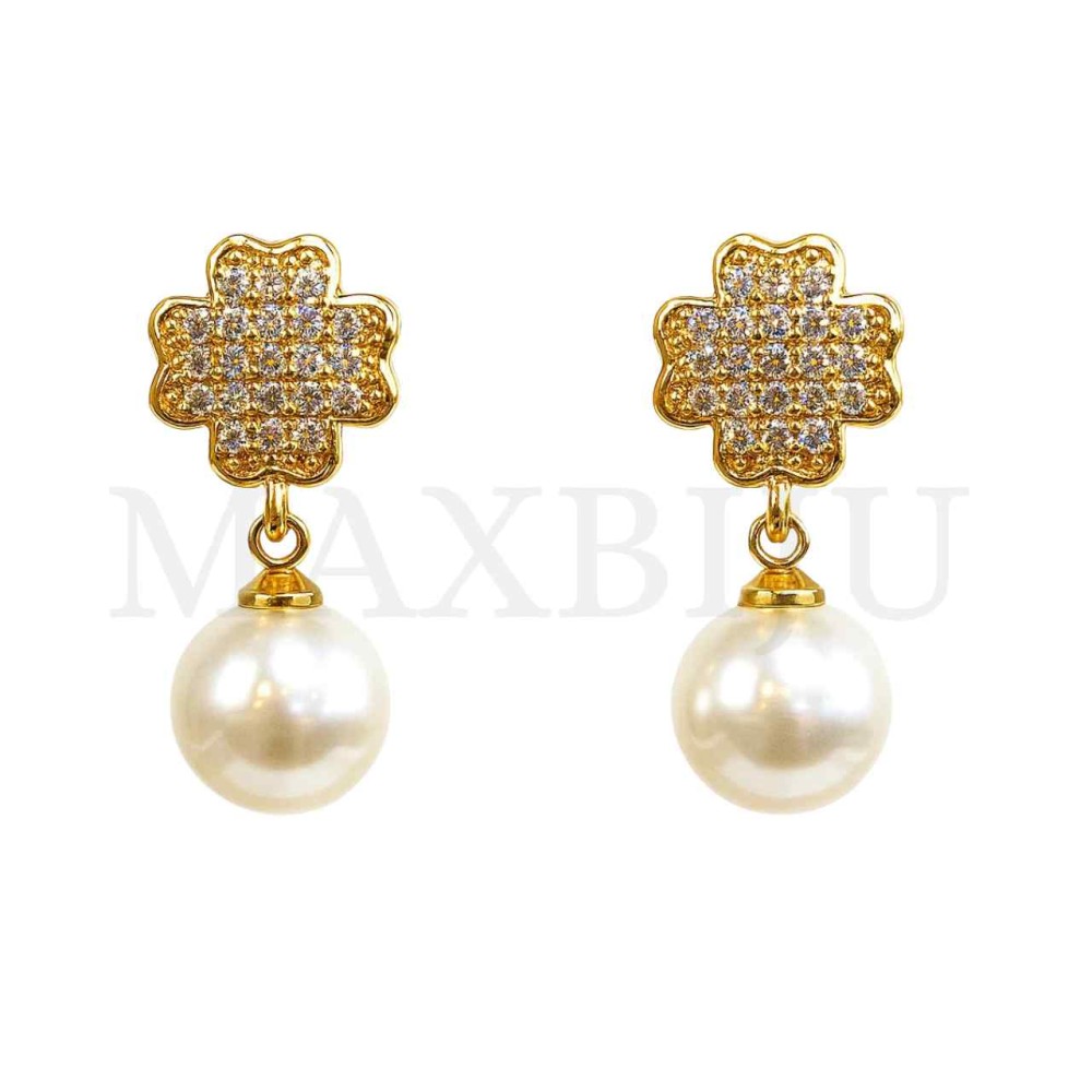 Rhodium Earrings - 4 Leaf Clover and Pearl