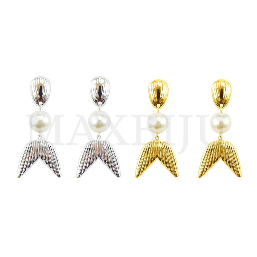 Stainless Steel Whale Tail Earrings with Pearls