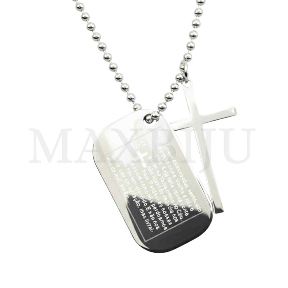 Men Neclace - Stainless 
Steel Cross Pendant and "Pai Nosso" Prayer 28x46mm