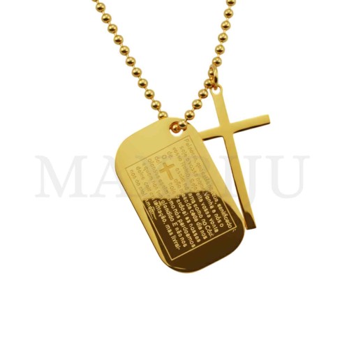 Men Neclace - Stainless 
Steel Cross Pendant and "Pai Nosso" Prayer 28x46mm