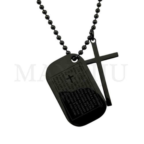 Men Neclace - Stainless 
Steel Cross Pendant and "Pai Nosso" Prayer 28x46mm