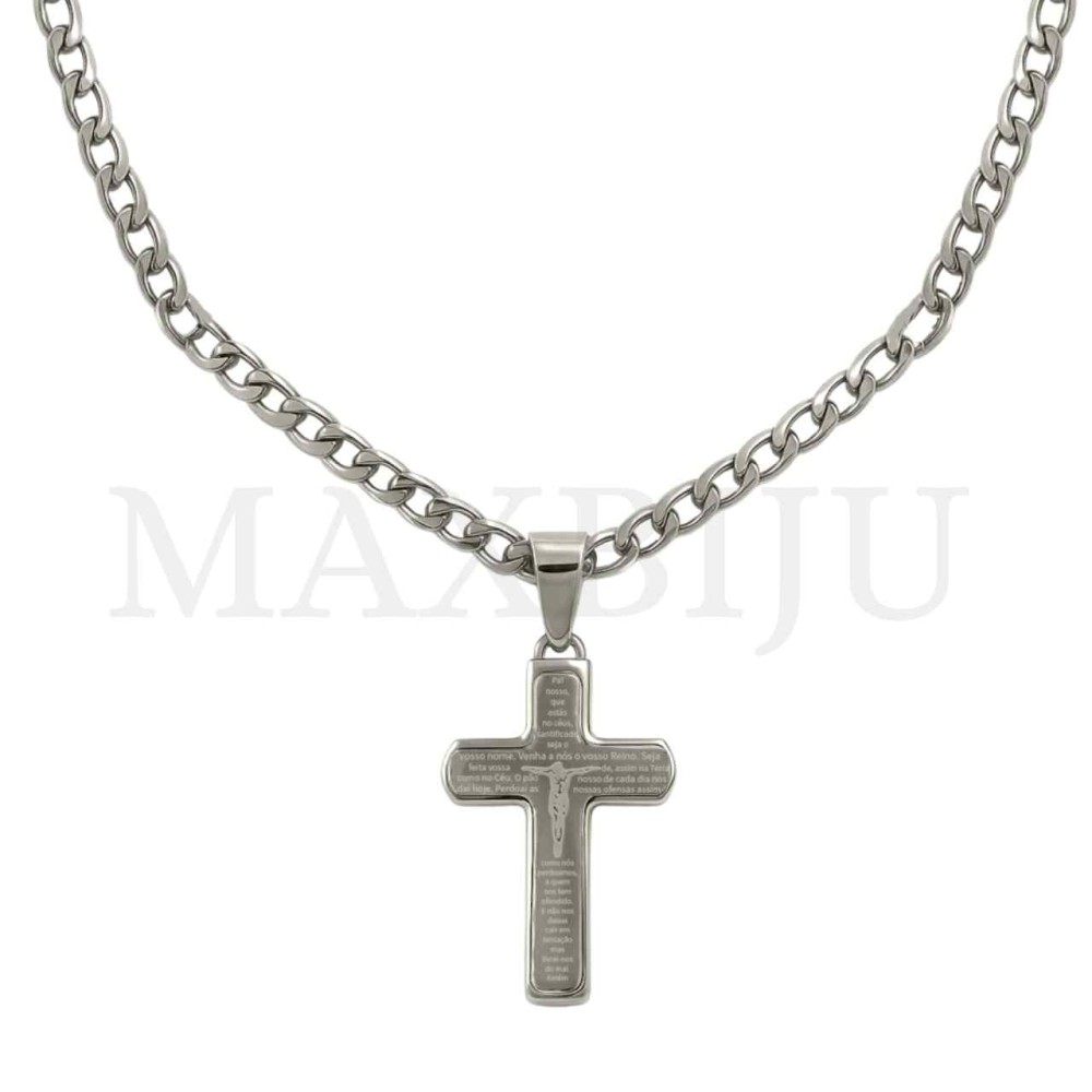 Men Neclace - Stainless 
Steel Cross Pendant "Pai Nosso" Prayer 20x34mm