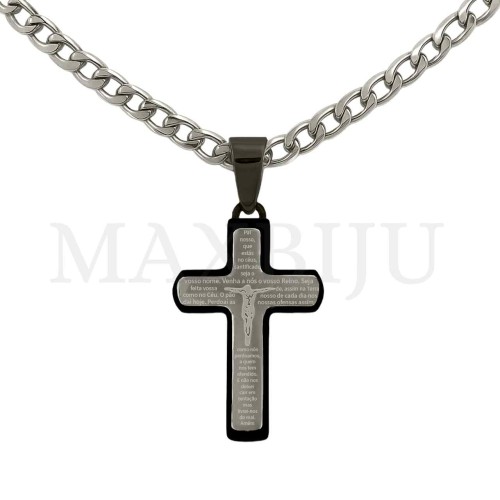 Men Neclace - Stainless 
Steel Cross Pendant "Pai Nosso" Prayer 20x34mm