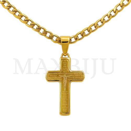 Men Neclace - Stainless 
Steel Cross Pendant "Pai Nosso" Prayer 20x34mm