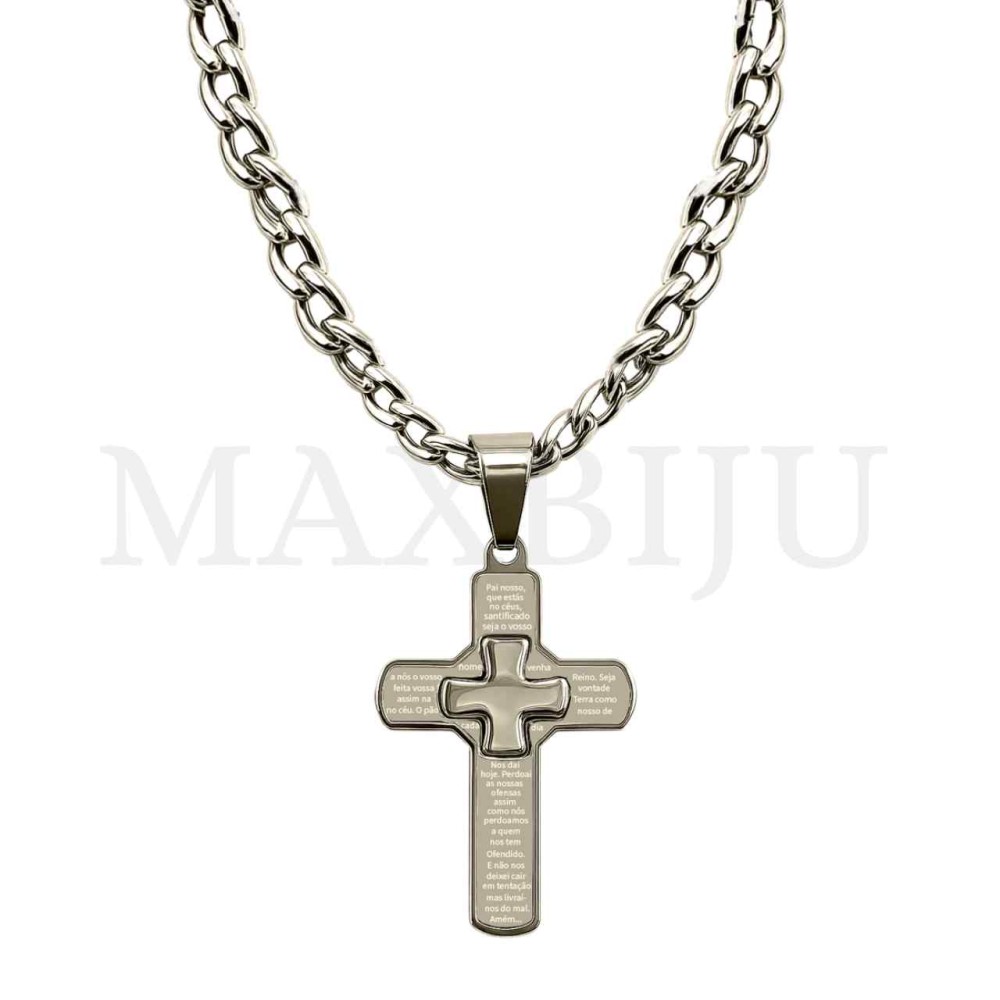 Men Neclace - Stainless 
Steel Cross Pendant "Pai Nosso" Prayer 37x22mm