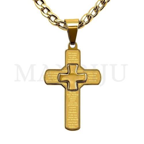 Men Neclace - Stainless 
Steel Cross Pendant "Pai Nosso" Prayer 37x22mm