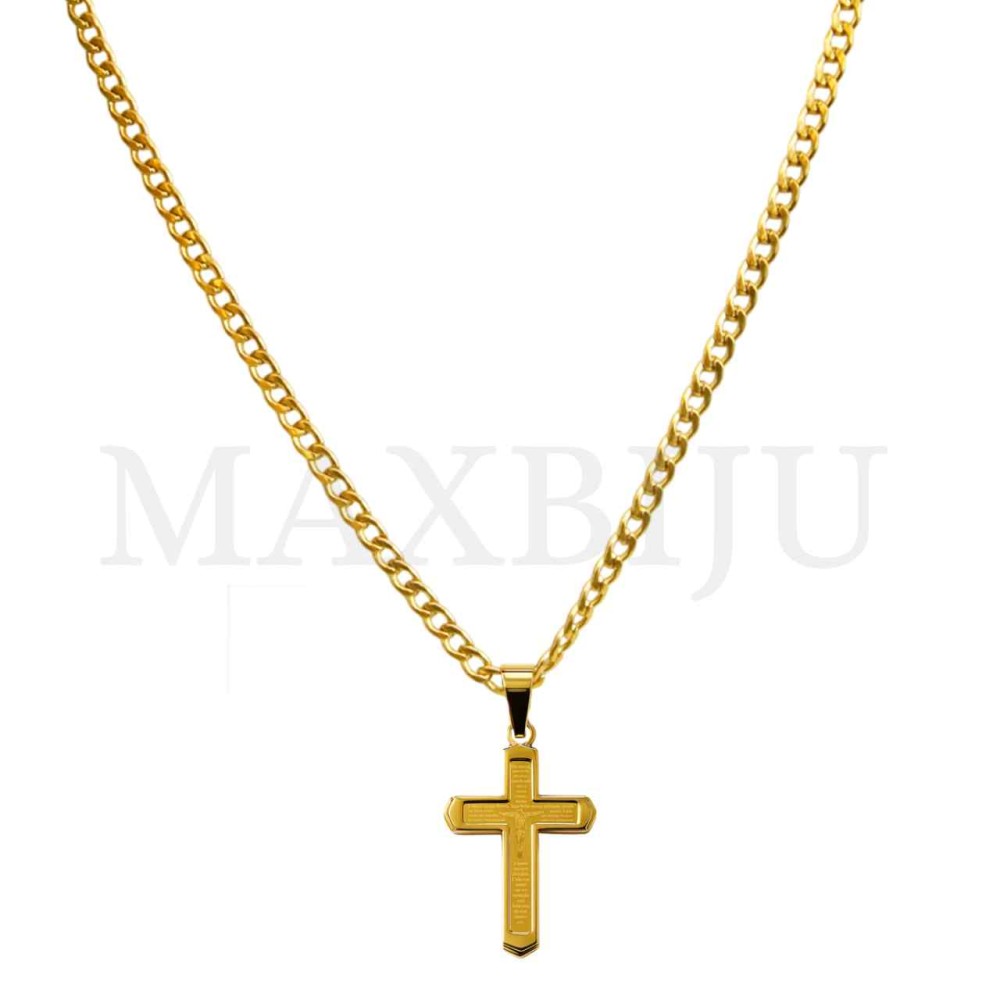 Men Neclace - Stainless 
Steel Cross Pendant "Pai Nosso" Prayer 23x36mm