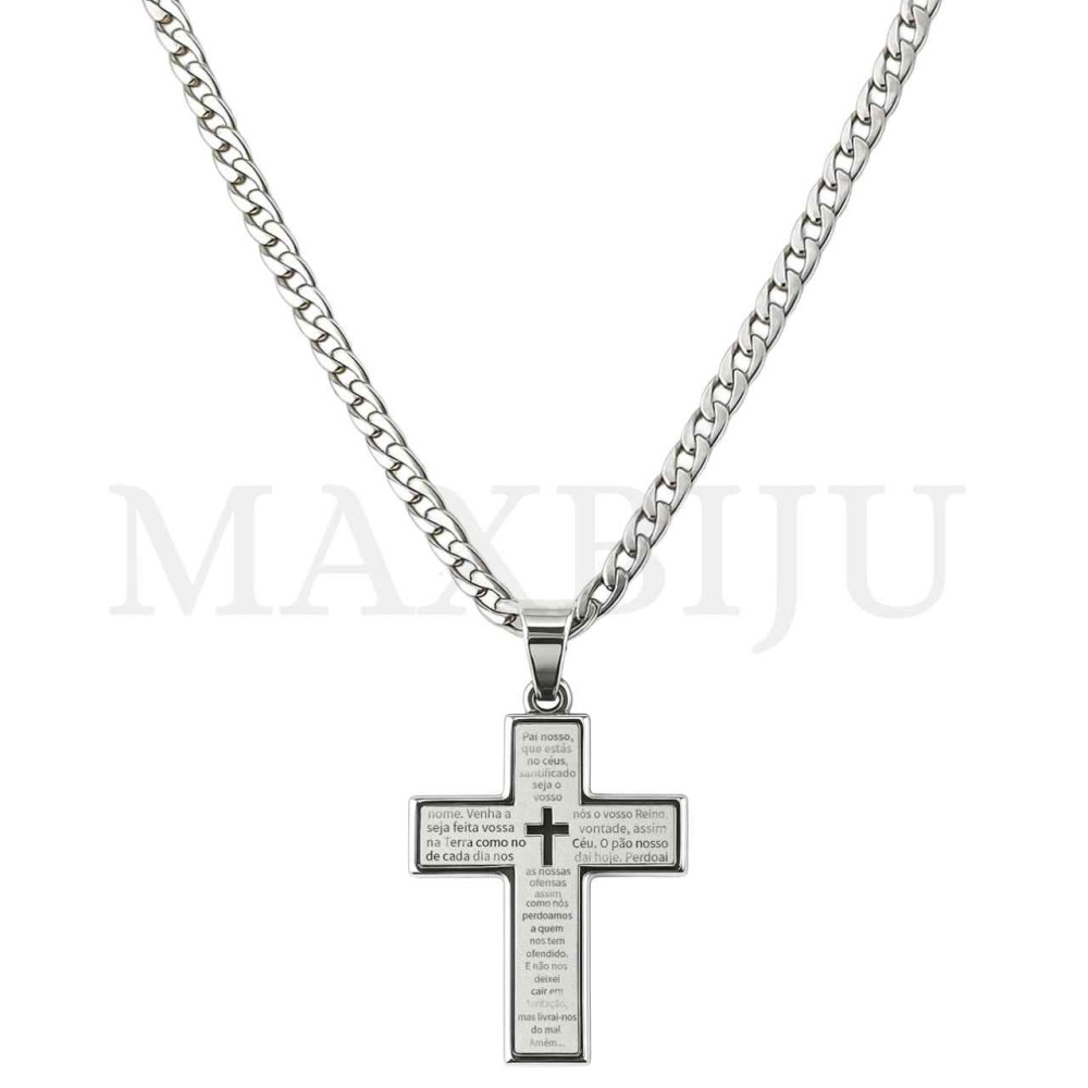 Men Neclace - Stainless 
Steel Cross Pendant "Pai Nosso" Prayer 30x45mm