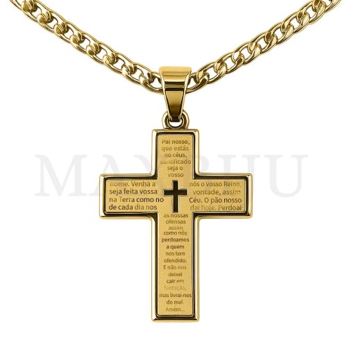 Men Neclace - Stainless 
Steel Cross Pendant "Pai Nosso" Prayer 30x45mm