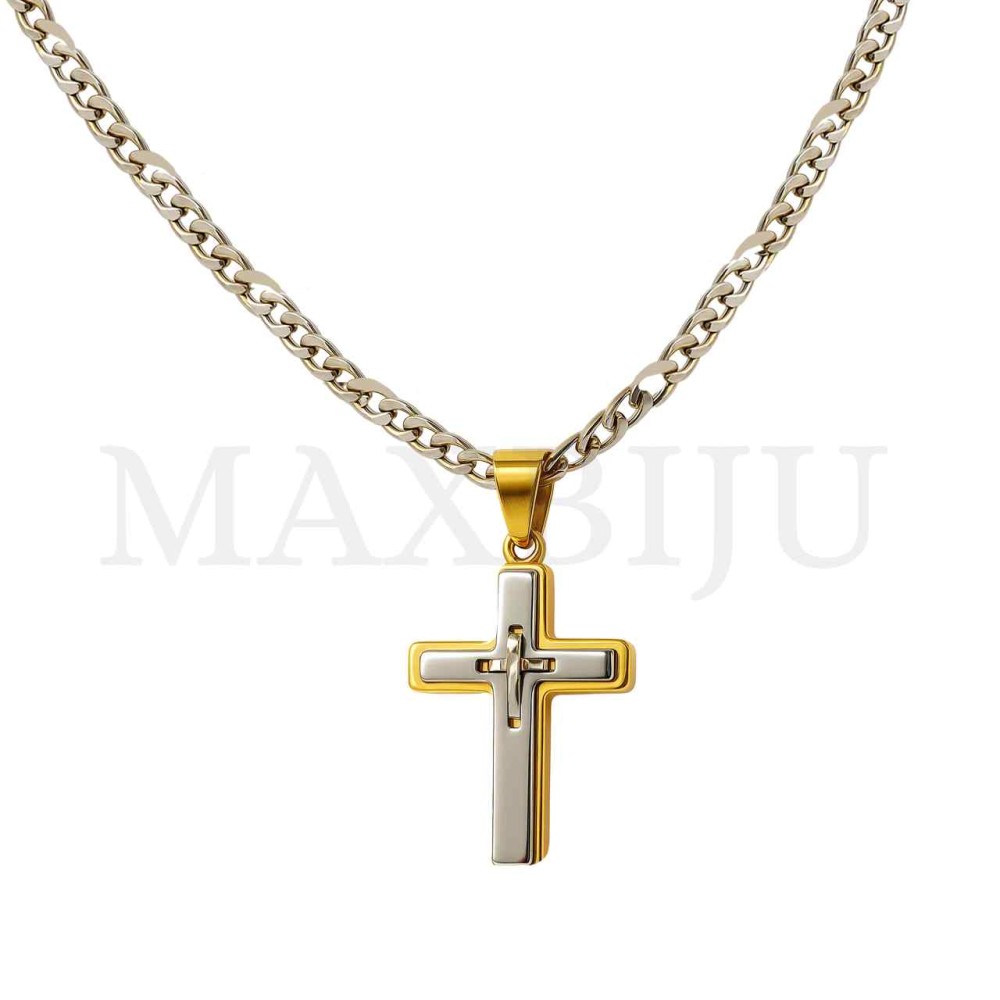 Men Neclace - Stainless 
Steel Cross Pendant "Pai Nosso" Prayer 26x40mm