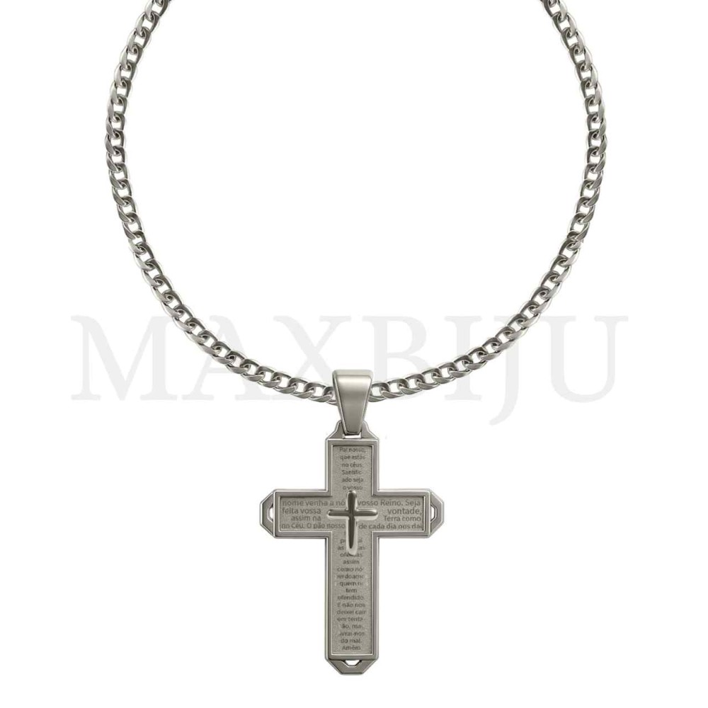 Men Neclace - Stainless 
Steel Cross Pendant "Pai Nosso" Prayer  37x57mm