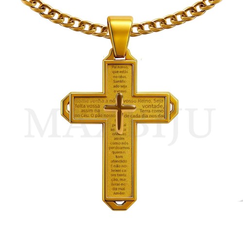 Men Neclace - Stainless 
Steel Cross Pendant "Pai Nosso" Prayer  37x57mm