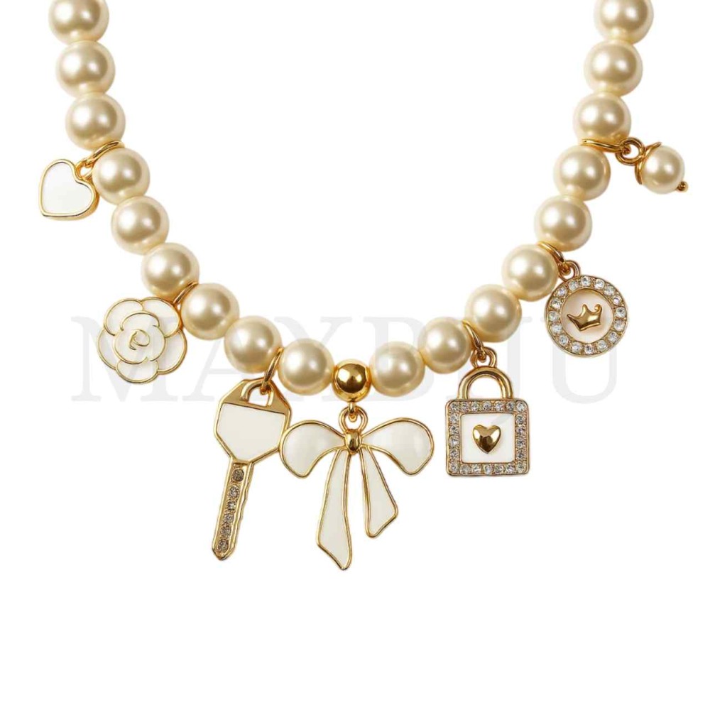 Metal Pearl Necklace with Pendants