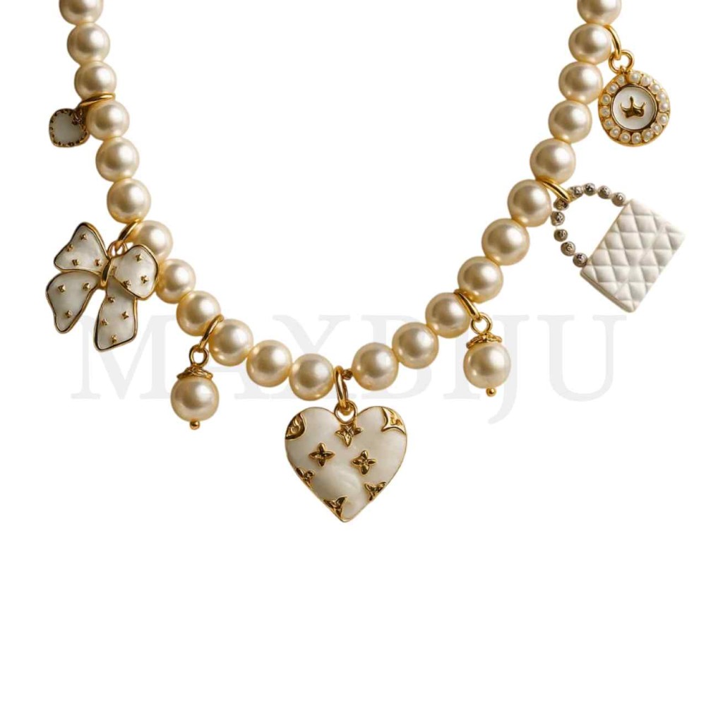 Metal Pearl Necklace with Pendants