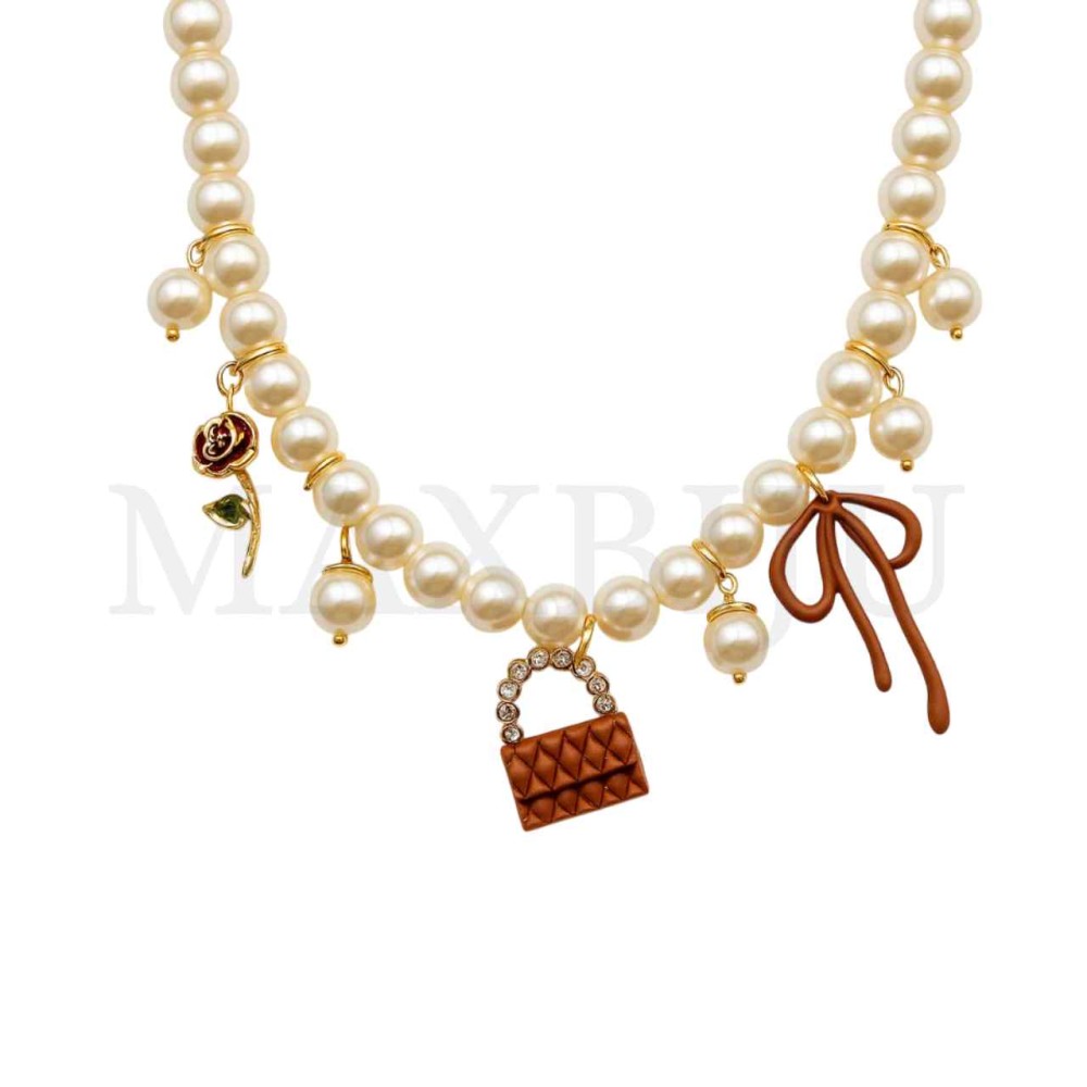 Metal Pearl Necklace with Pendants