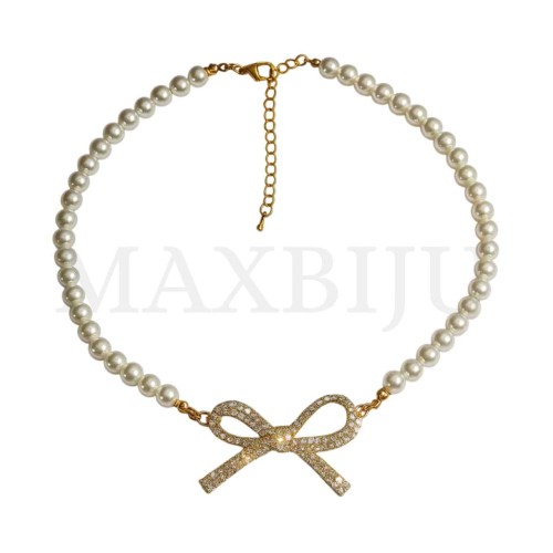 Metal Pearl Necklace Bow