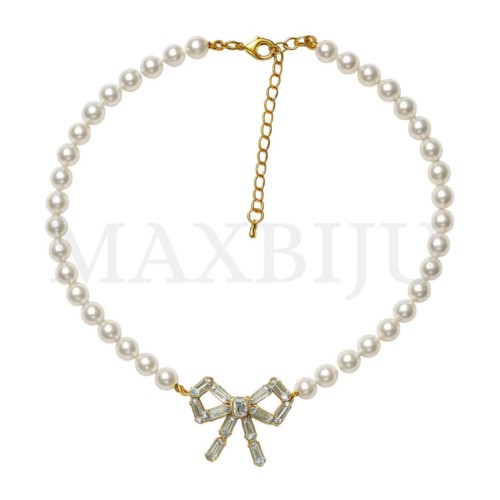 Metal Pearl Necklace Bow