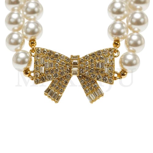 Double Metal Pearl Necklace Bow