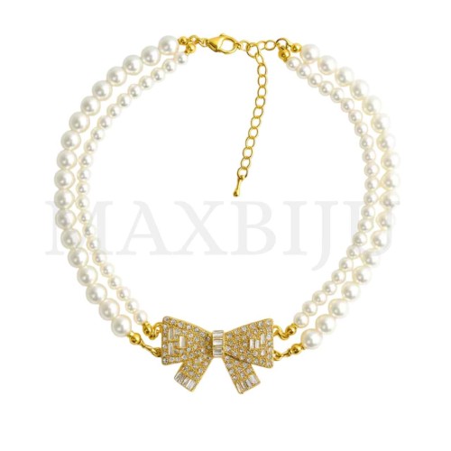 Double Metal Pearl Necklace Bow