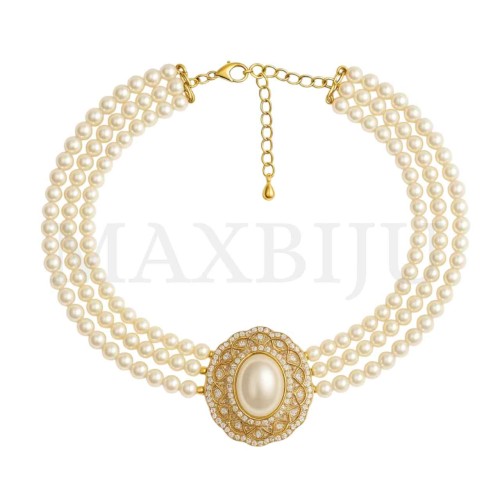 Triple Metal Pearl Necklace
