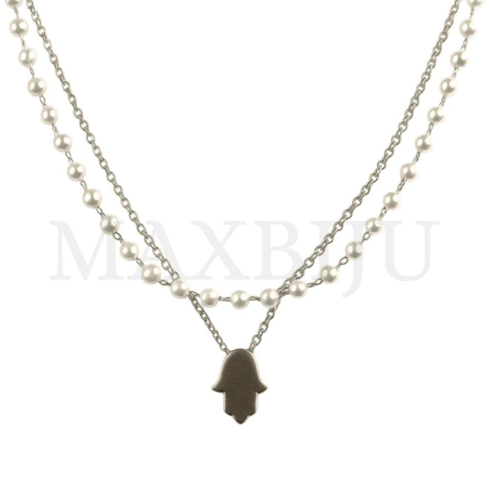 Stainless Steel Pearl Necklace Hamsa