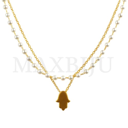 Stainless Steel Pearl Necklace Hamsa