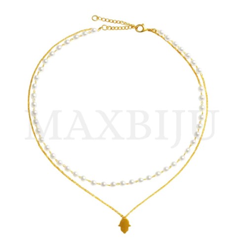 Stainless Steel Pearl Necklace Hamsa