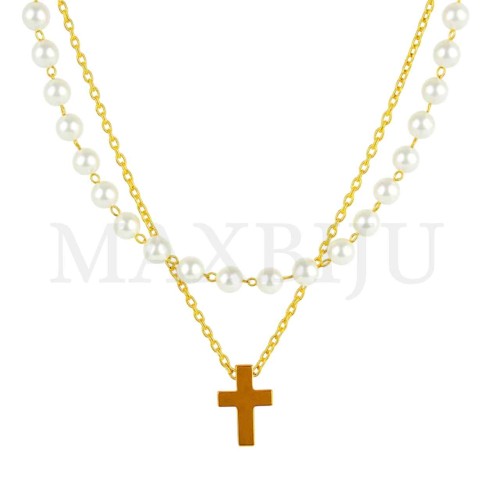 Stainless Steel Pearl Necklace Cross