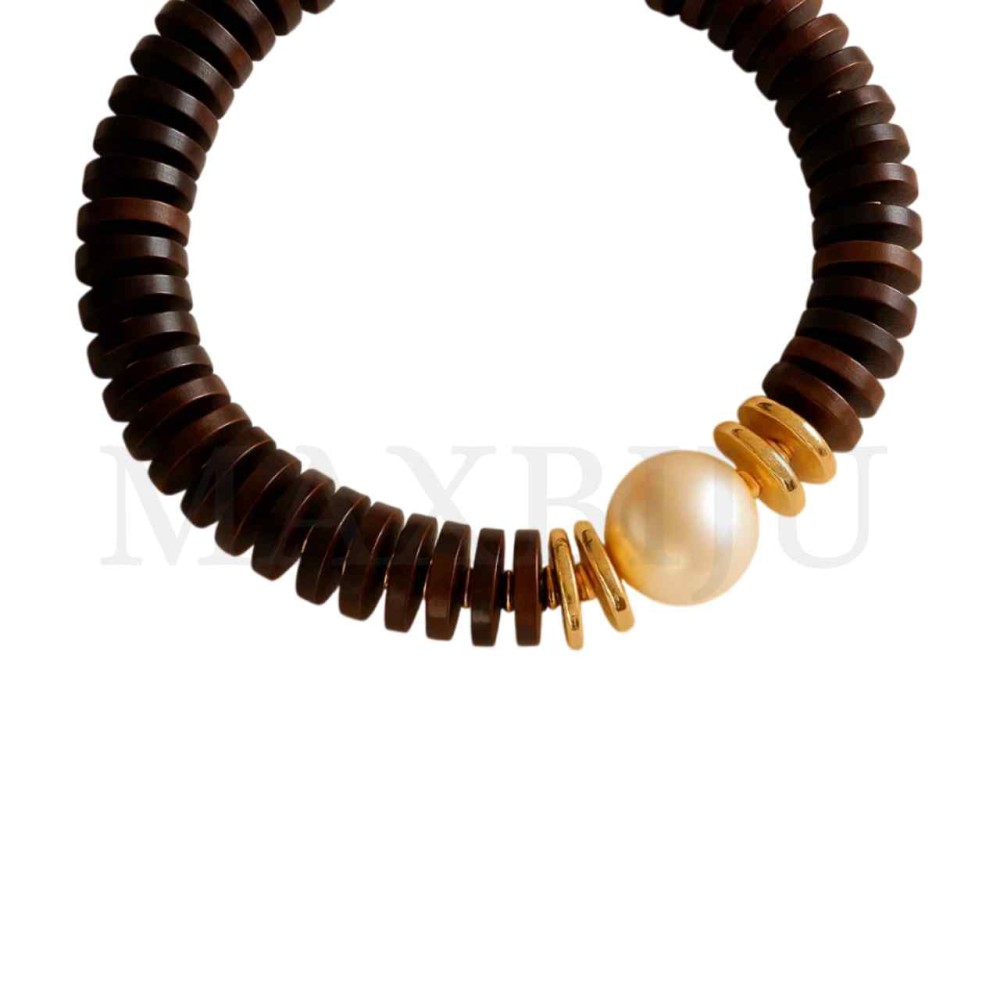 Metal and Wood Necklace with Pearl