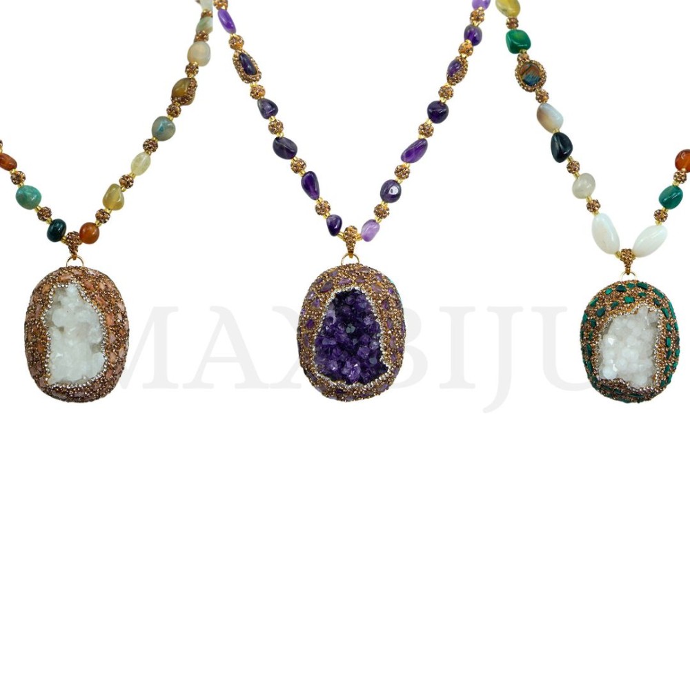 Metal Necklace with Natural Stone - 80cm