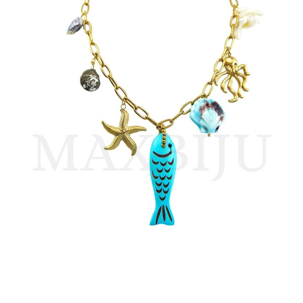 Stainless Steel Necklace with Wood Fish Pendant - 45cm